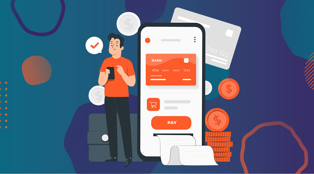 A graphic of a man holding a phone showing an online banking app