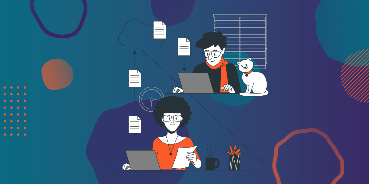 a graphic showing two people working from home at laptops, looking in confusion at screens or paperwork.