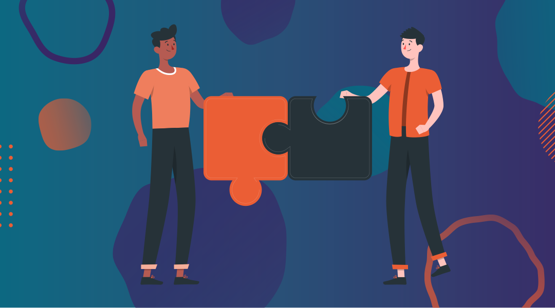 two individuals holding up puzzle pieces to depict internal linking