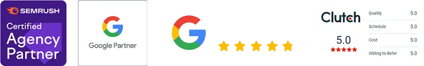 Maratopia is a SEMRush Certified Agency Partner, a Google Partner, have a Google Review score of 4.9 and a Clutch review score of 5.0
