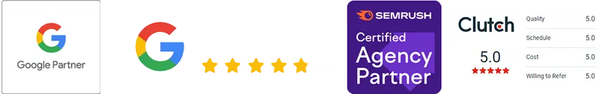 Maratopia is a SEMRush Certified Agency Partner, a Google Partner, have a Google Review score of 4.9 and a Clutch review score of 5.0